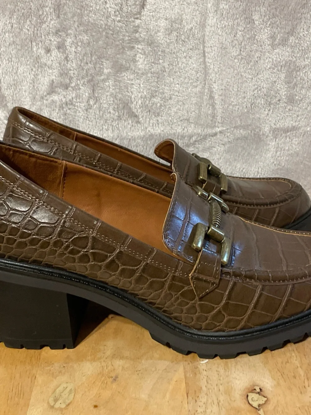 Zodiac Brown Croc-Embossed Platform Loafers with Brass-Tone Bit